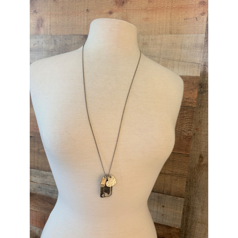 American Eagle Outfitters Long Dog Tag Heart Charm Necklace Antique Silver